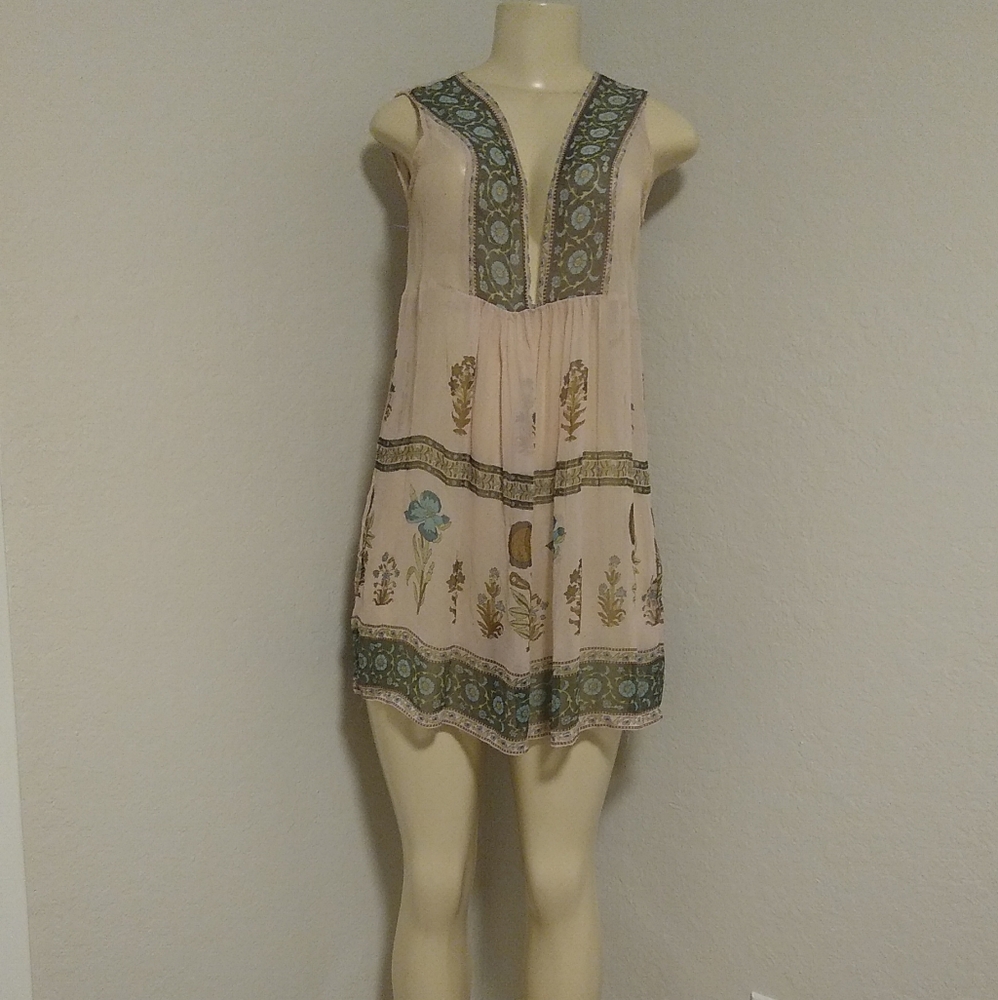Lux Sleeveless Pink Beige Pullover Floral Sheer Dress M